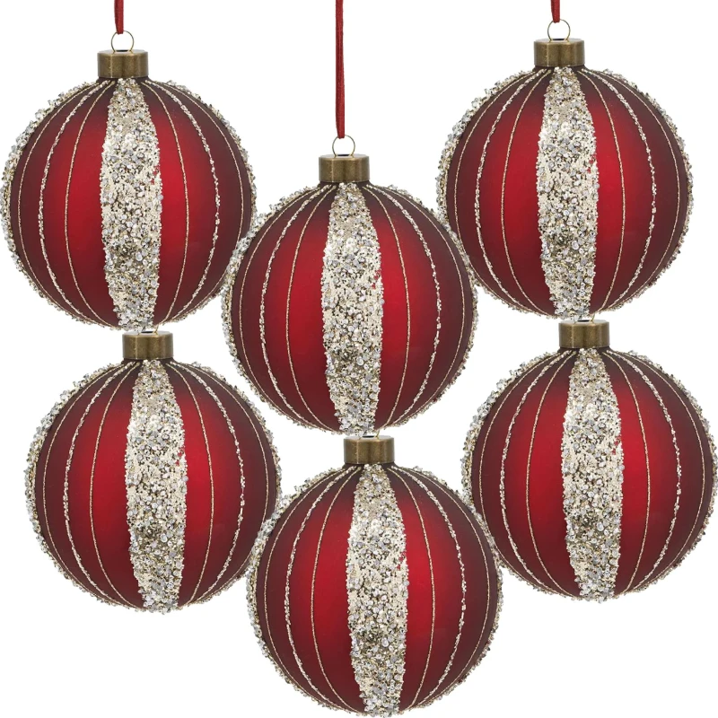 Set of 6 Glass Decorative Hanging Balls for Holiday Party Decorations, Christmas Ball Ornaments, D4", Red