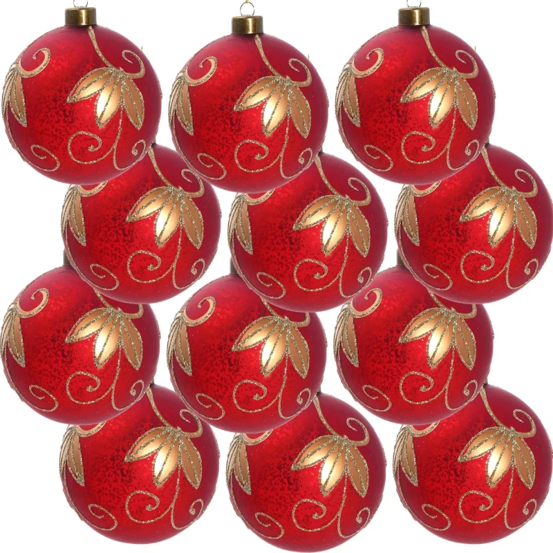 Set of 12 Decorative Hanging Tree Ornaments for Holiday Party Decorations, Glass Christmas Ball Ornaments, D3", Red