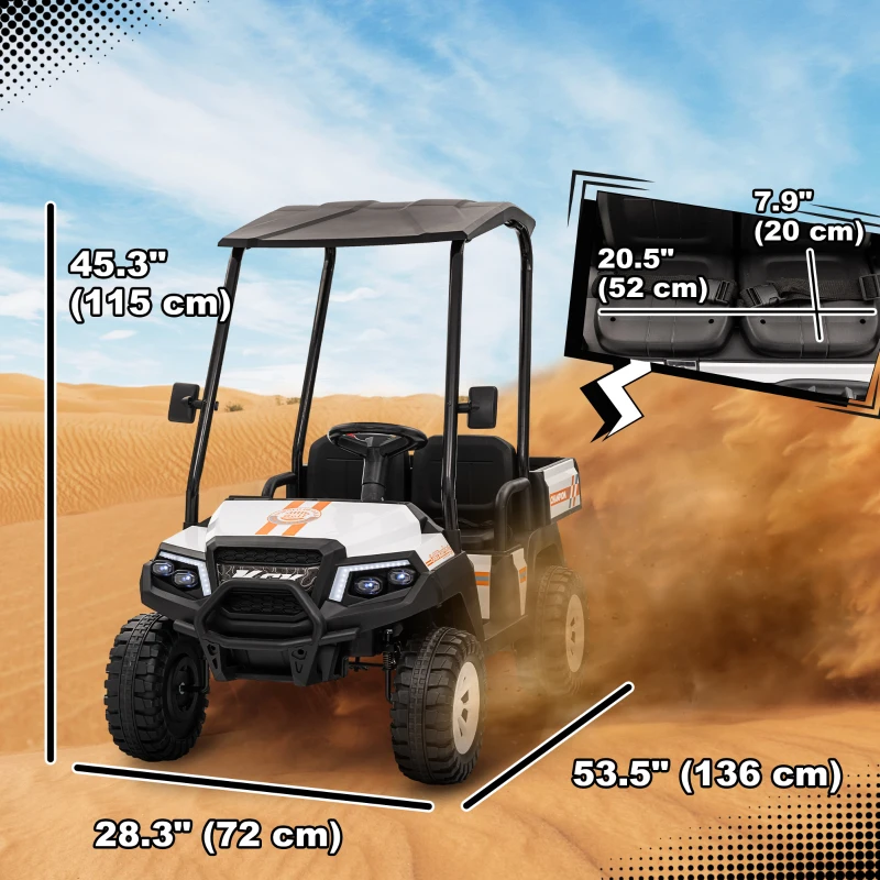 Qaba 24V 2 Seater Electric Car for Kids w/ Remote Control, 4 Wheels Spring Suspension, Soft Start, Storage, Sunshade, White