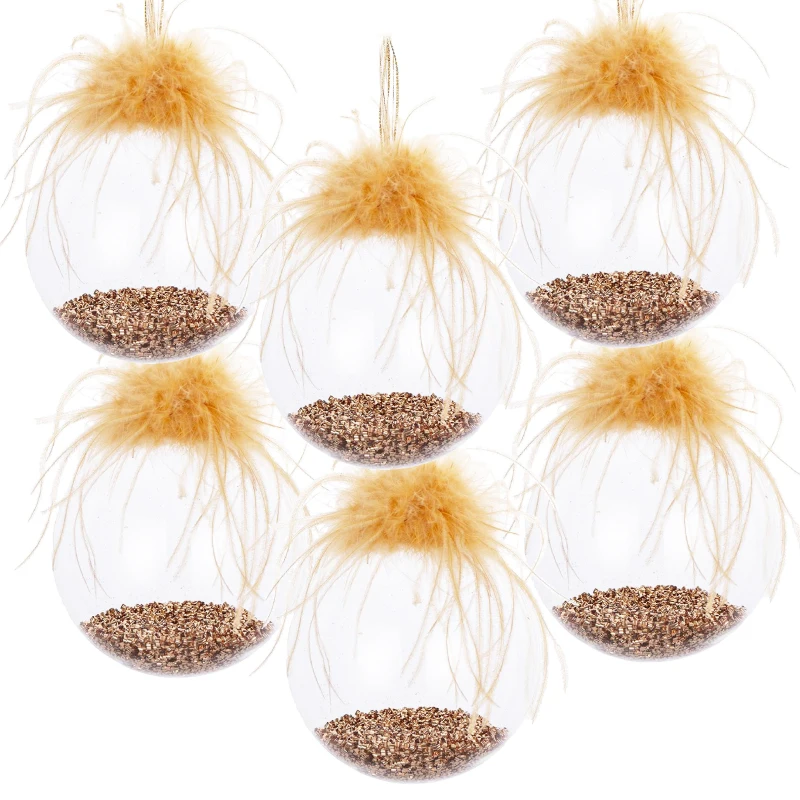 Set of 6 Clear Glass Hanging Ball Ornaments with Feathers, Home Decor Baubles for Christmas Tree, D4", Multicolor