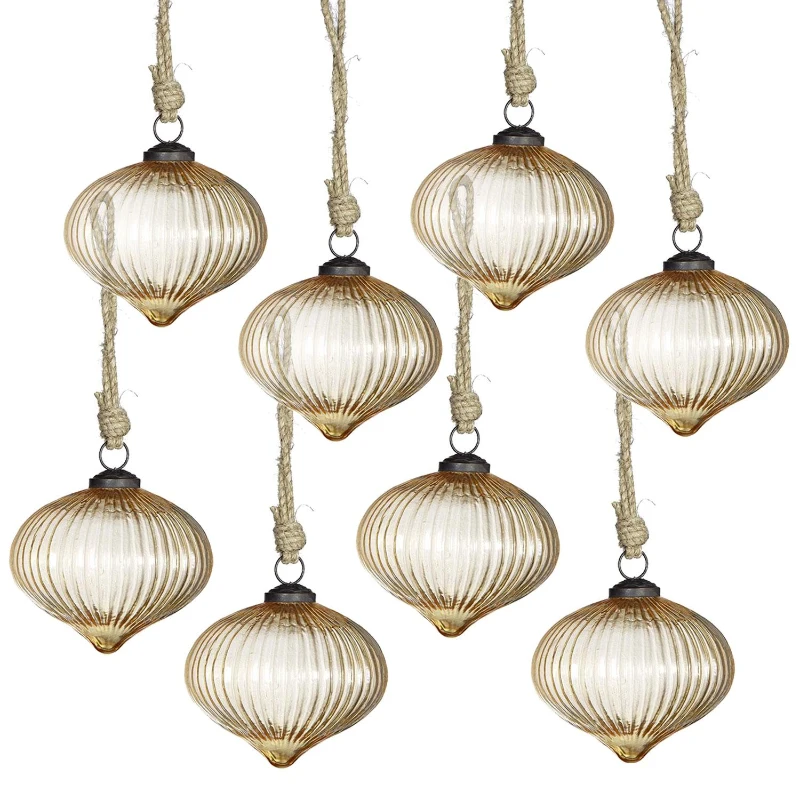 Set of 8 Decorative Hanging Baubles for Holiday Party Decorations, Glass Christmas Ball Ornaments, D4", Amber