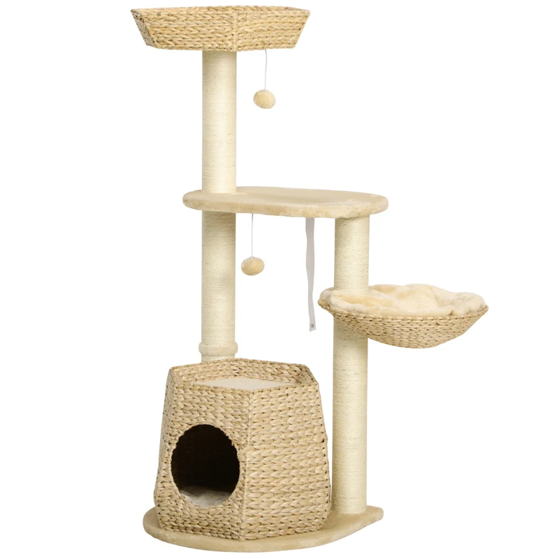 PawHut Cat Tree, 47" Cat Tower for Indoor Cats with Cattail Fluff Cat Condo, Cat Beds, Jumping Platform, Scratching Posts, Hanging Toy Ball, Natural