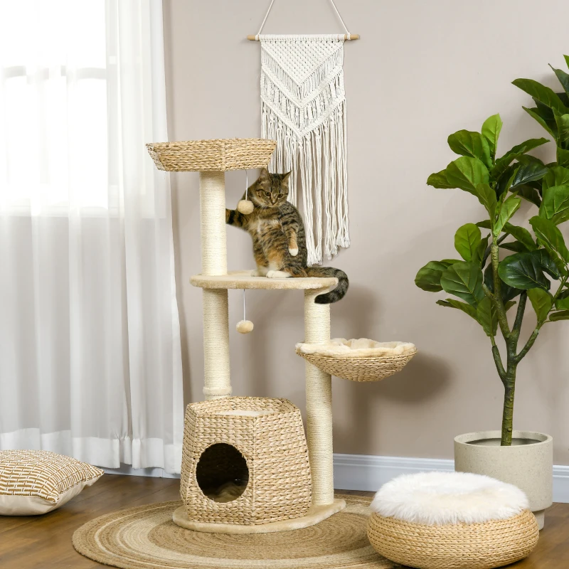PawHut Cat Tree, 47" Cat Tower for Indoor Cats with Cattail Fluff Cat Condo, Cat Beds, Jumping Platform, Scratching Posts, Hanging Toy Ball, Natural