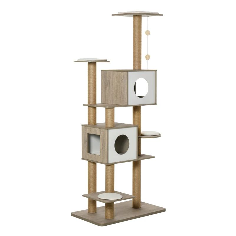 PawHut 69.75" Wood Cat Tree, Cat Condo Tower with Scratching Post, Toy Ball for Indoor Cats, Light Grey
