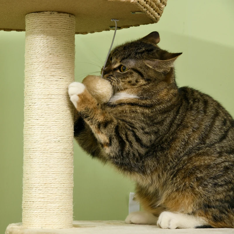 PawHut Cat Tree, 47" Cat Tower for Indoor Cats with Cattail Fluff Cat Condo, Cat Beds, Jumping Platform, Scratching Posts, Hanging Toy Ball, Natural