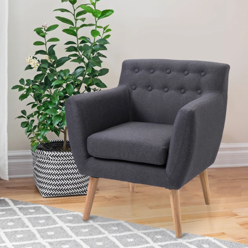 HOMCOM Linen Upholstery Armchair, Mid-Century Modern Accent Chair with Wood Frame and Thick Padding, Dark Grey