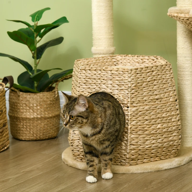 PawHut Cat Tree, 47" Cat Tower for Indoor Cats with Cattail Fluff Cat Condo, Cat Beds, Jumping Platform, Scratching Posts, Hanging Toy Ball, Natural