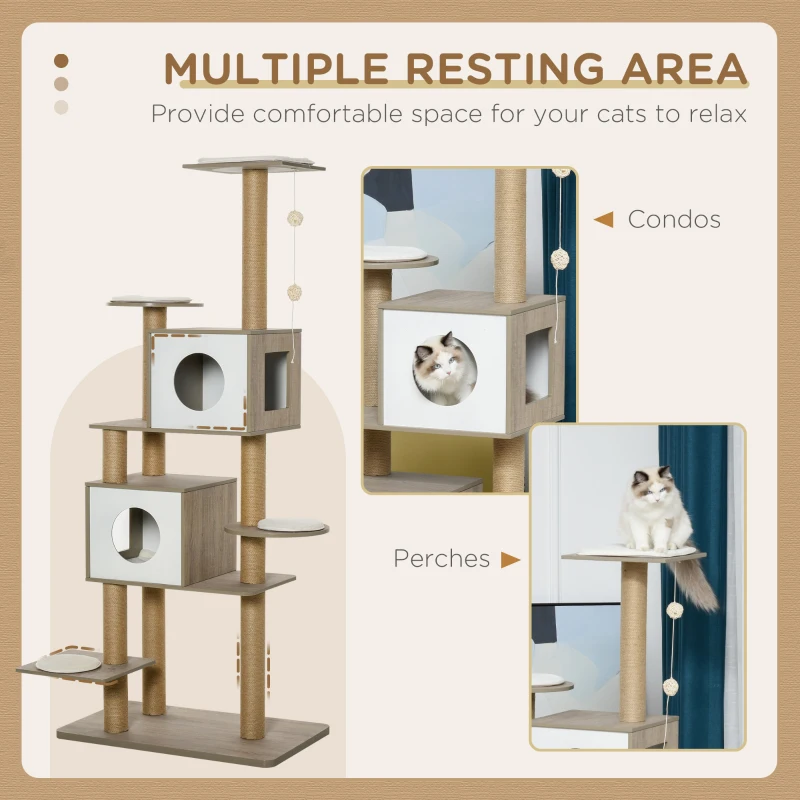 PawHut 69.75" Wood Cat Tree, Cat Condo Tower with Scratching Post, Toy Ball for Indoor Cats, Light Grey