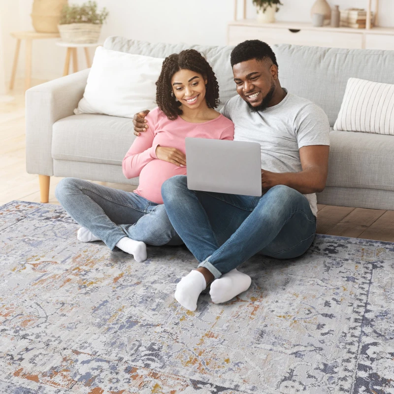 Naar 8x10 Stain-Resistant Area Rug with Cotton Backing, Medium Pile Height, Kid and Pet-Friendly Carpet, 120" L x 93" W x 0.3" H, Ivory+Gray