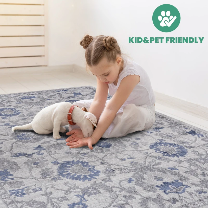 Naar 2x8 Stain-Resistant Rug with Cotton Backing, Non-Shedding Design, Kid and Pet-Friendly Carpet, 96" L x 26" W x 0.35" H, Blu