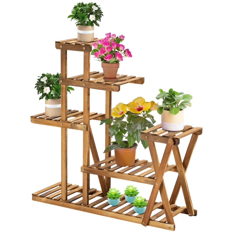 Outsunny Wood Plant Stand 5 Tier Plant Shelf Multiple Flower Pot Holder for Living Room, Patio Corner, Balcony, Indoor Outdoor Use, Natural