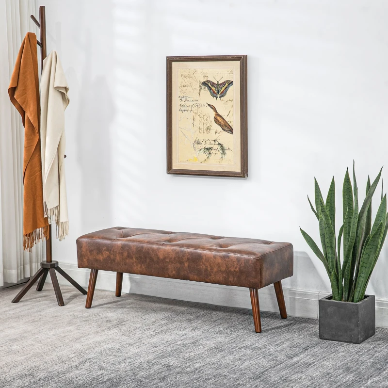 HOMCOM Bedroom Bench, End of Bed Bench with Button Tufted, PU Leather Upholstered Entryway Bench with Wood Legs, Brown