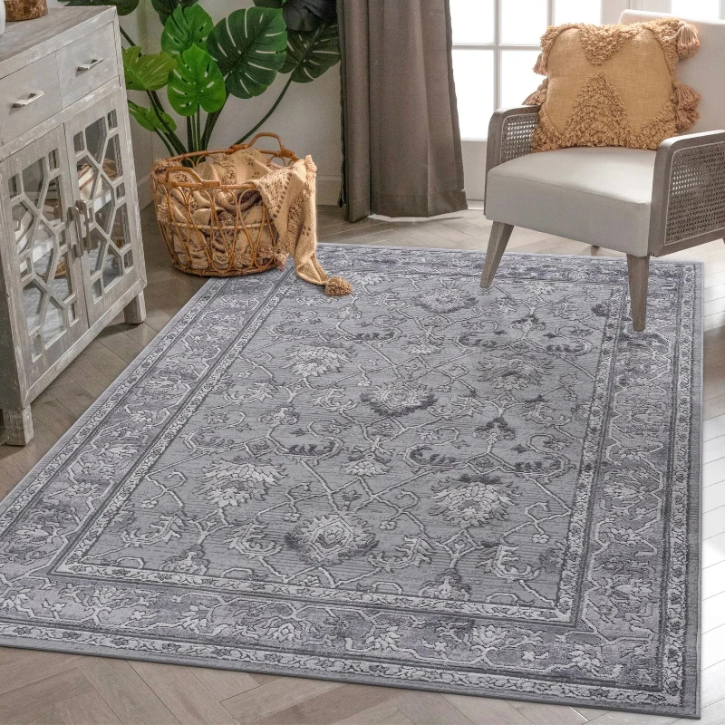 Naar 6x9 Stain-Resistant Area Rug with Non-Shedding Design and Cotton Backing, Carpet with Medium Pile Height, 93" L x 79" W x 0.35" H, Gray