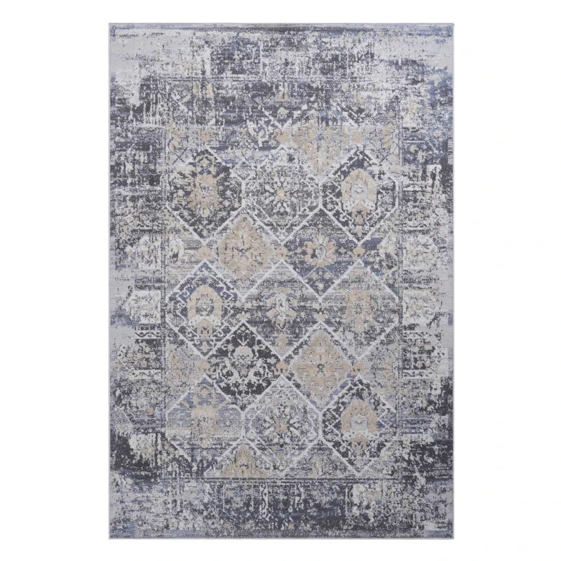 Naar 6x9 Stain-Resistant Area Rug with Cotton Backing, Medium Pile Height, Kid and Pet-Friendly Carpet, 93" L x 79" W x 0.3" H, Gray+Blue