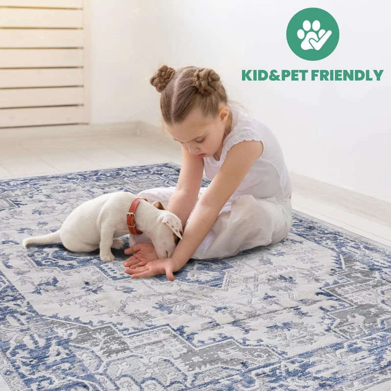Naar 2x8 Stain-Resistant Area Rug with Cotton Backing, Medium Pile Height, Kid and Pet-Friendly Carpet, 96" L x 26" W x 0.35" H, Blue+Gray