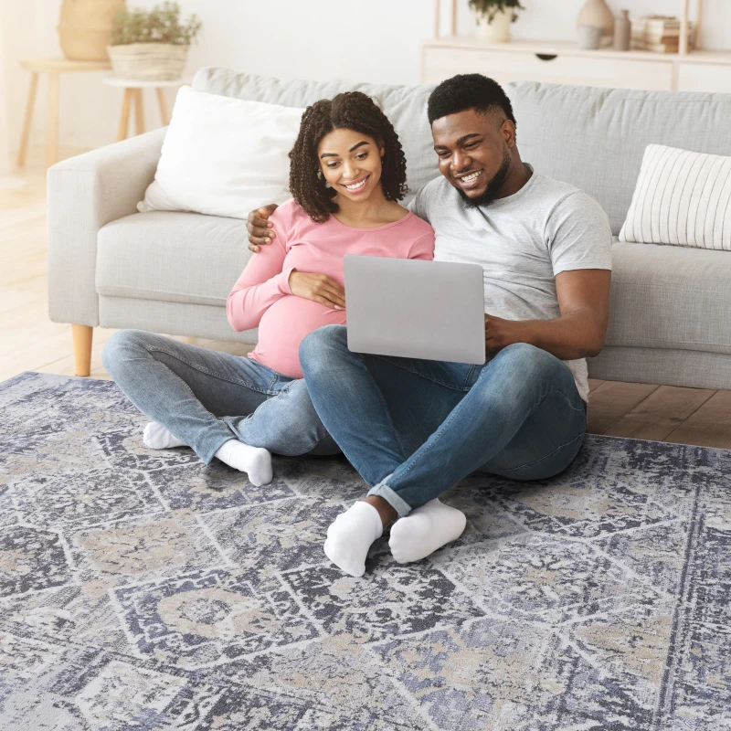 Naar 5x7 Traditional Stain-Resistant Area Rug with Cotton Backing, Medium Pile Height, Kid and Pet-Friendly Carpet, 90" L x 63" W x 0.3" H, Gray+Blue