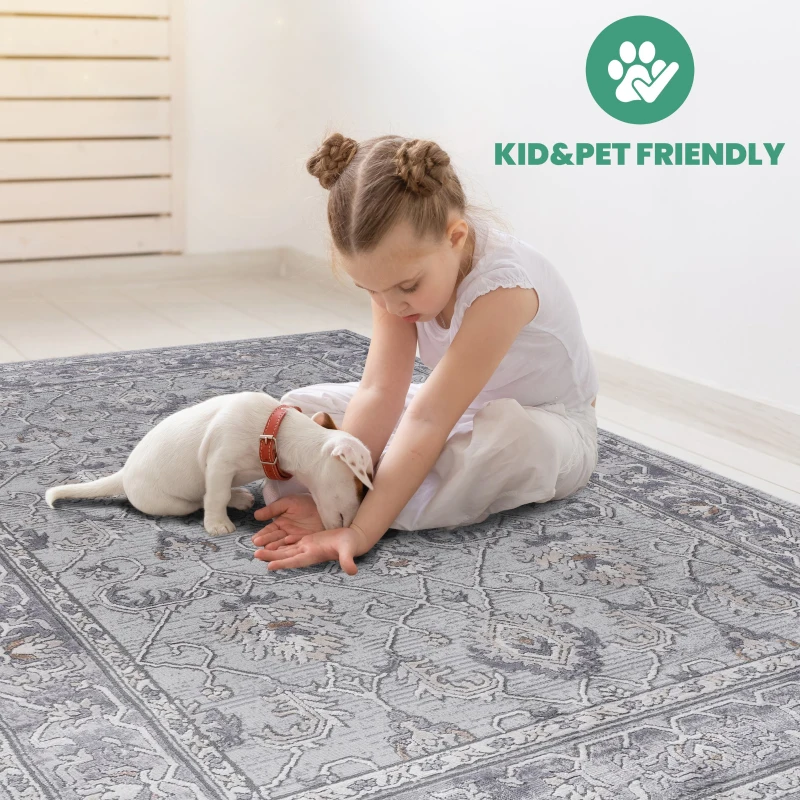 Naar 5x7 Oriental Stain-Resistant Area Rug with Cotton Backing, Carpet for Living Room, Bedroom, Home Office, 90" L x 63" W x 0.35" H, Ivory+Gray