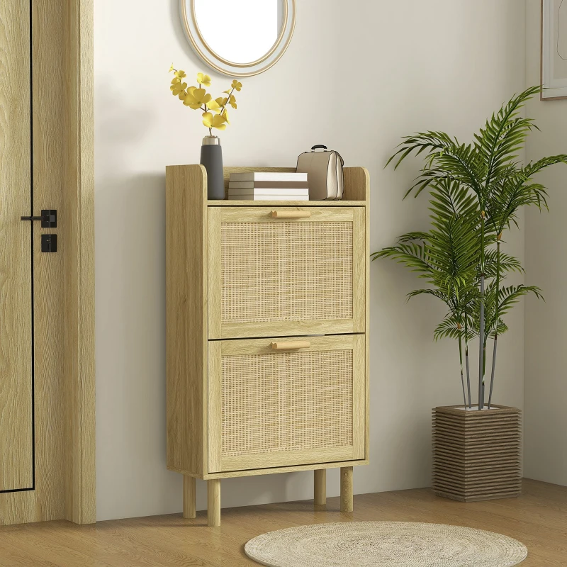 HOMCOM Slim Shoe Storage with 2 Flip Drawers and Adjustable Shelves, Rattan Shoe Cabinet Organizer for 12 Pair, Oak