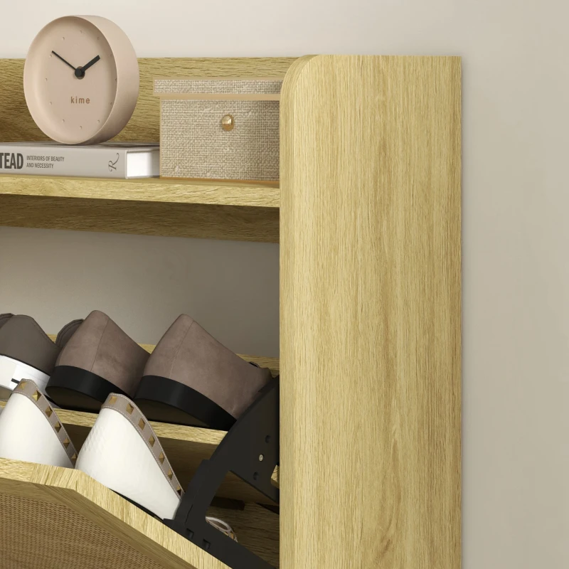 HOMCOM Slim Shoe Storage with 2 Flip Drawers and Adjustable Shelves, Rattan Shoe Cabinet Organizer for 12 Pair, Oak