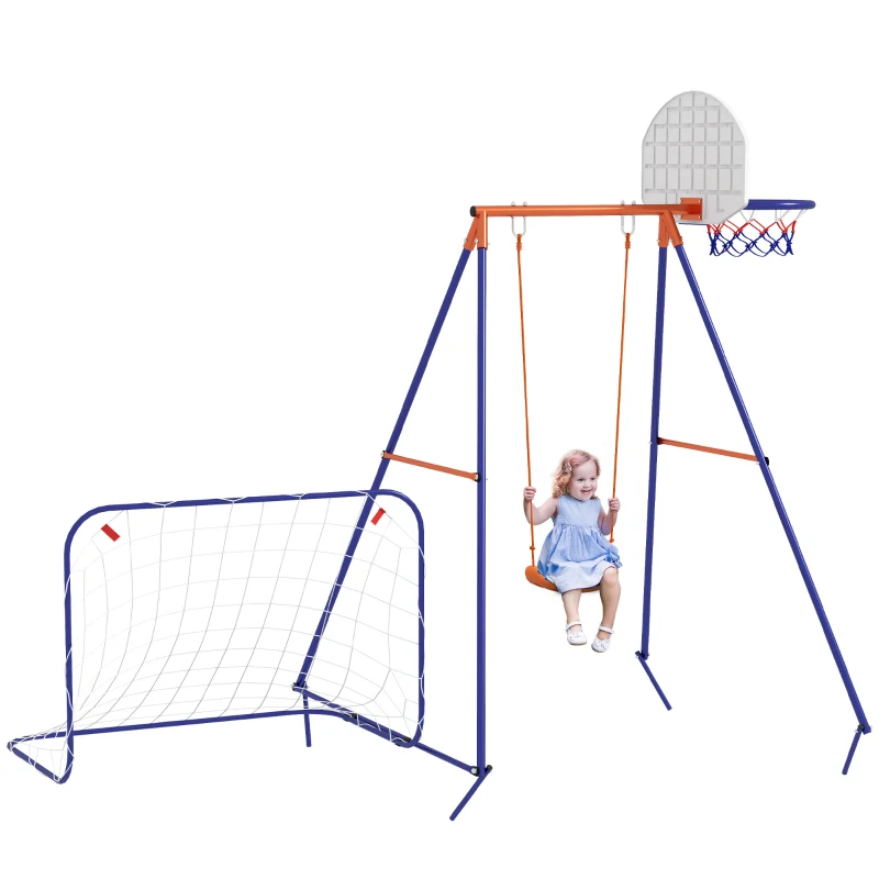 Outsunny Kids Swing Outdoor with Swing Seat, Basketball Hoop and Football Goal, Ground Stakes for 3-8 Years Old