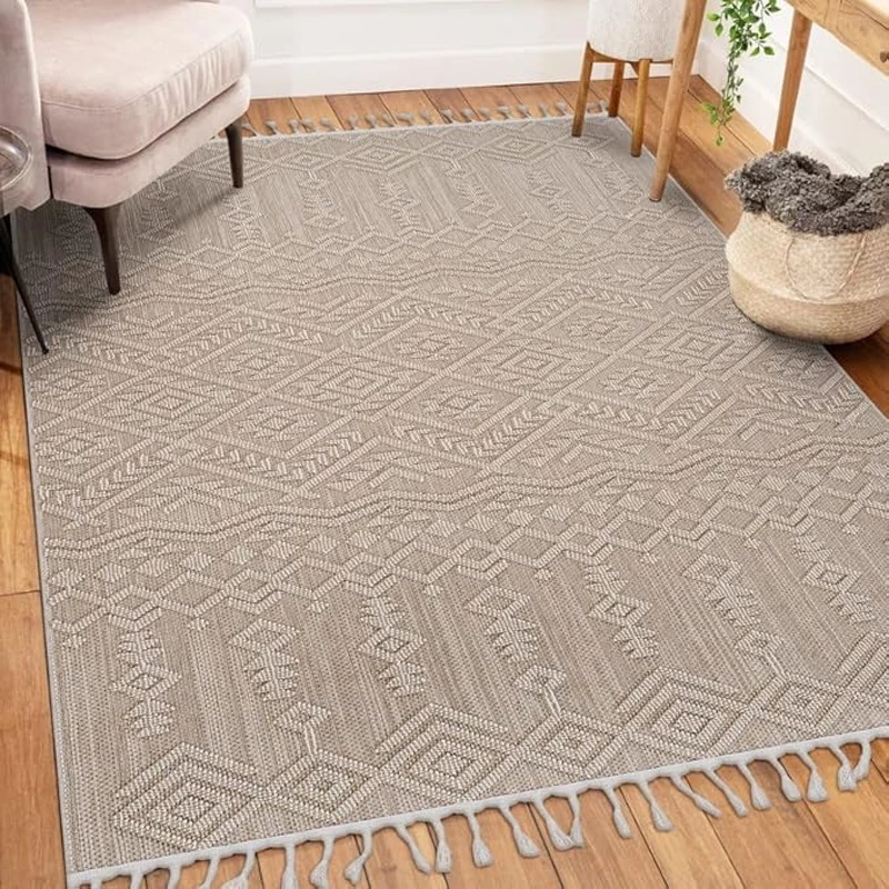 Naar 5x7 Indoor Outdoor Stain-Resistant Area Rug with Cotton Backing, Kid and Pet-Friendly Carpet, 90" L x 63" W x 0.3" H, Natural