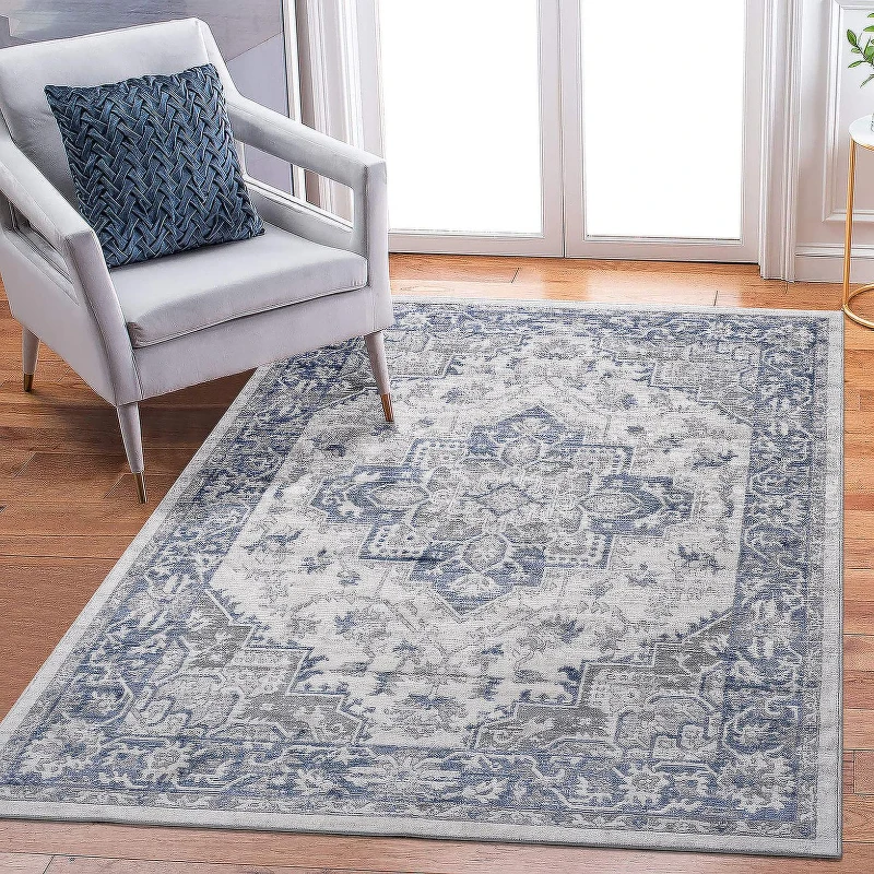 Naar 6x9 Stain-Resistant Area Rug with Medium Pile Height, Carpet for Living Room, Bedroom, Home Office, 93" L x 79" W x 0.35" H, Blue+Gray