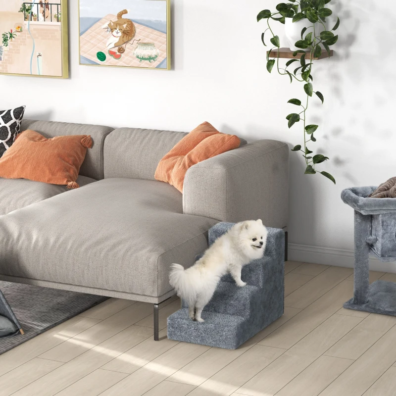 PawHut 4-Step Dog Ramp for Sofa, Bed, and Couch, with Removable Cover, Light Grey