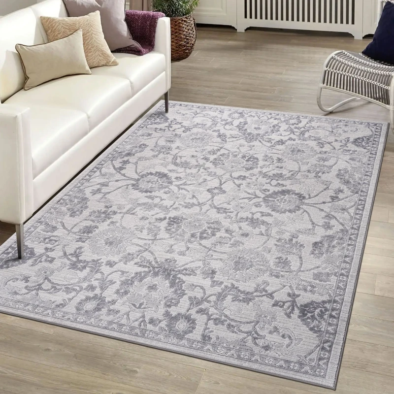Naar 8x10 Oriental Stain-Resistant Area Rug with Cotton Backing, Non-Shedding Design, Kid and Pet-Friendly Carpet, 120" L x 93" W x 0.35" H, Gray