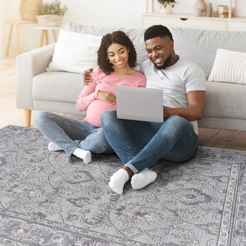 Naar 8x10 Stain-Resistant Area Rug with Cotton Backing, Medium Pile Height, Kid and Pet-Friendly Carpet, 120" L x 93" W x 0.35" H, Ivory+Gray