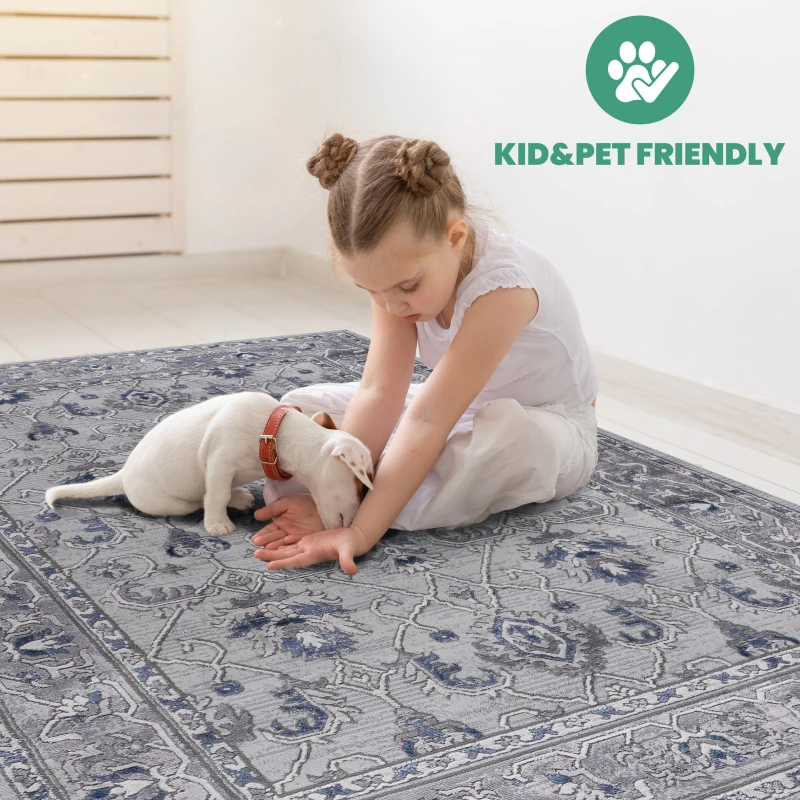 Naar 8x10 Stain-Resistant Area Rug with Cotton Backing, Medium Pile Height, Kid and Pet-Friendly Carpet, 120" L x 93" W x 0.35" H, Gray+Blue