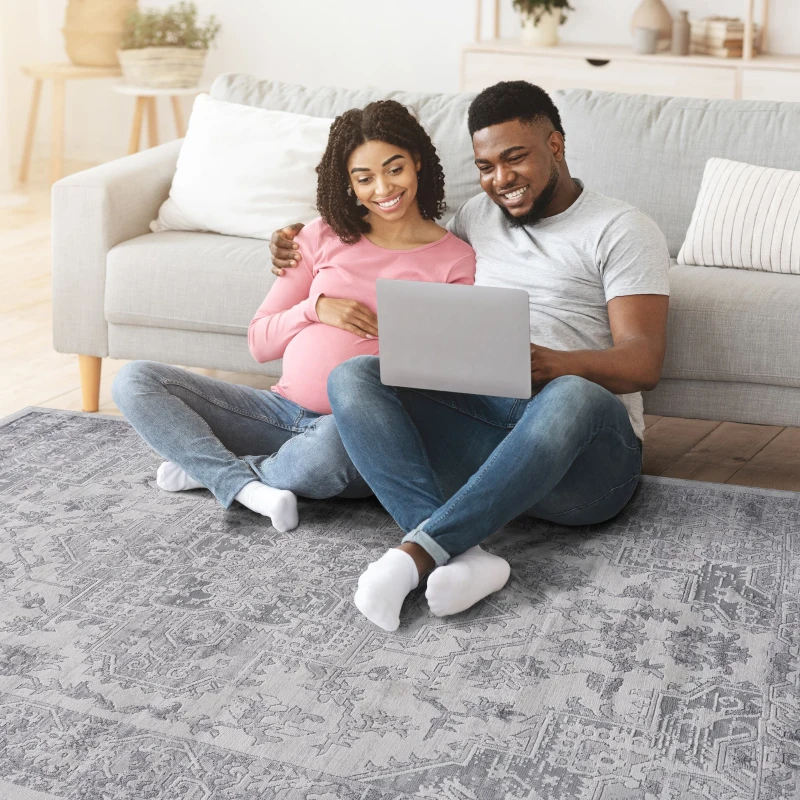 Naar 2x8 Stain-Resistant Area Rug with Non-Shedding Design and Cotton Backing, Kid and Pet-Friendly Carpet, 96" L x 26" W x 0.35" H, Silver