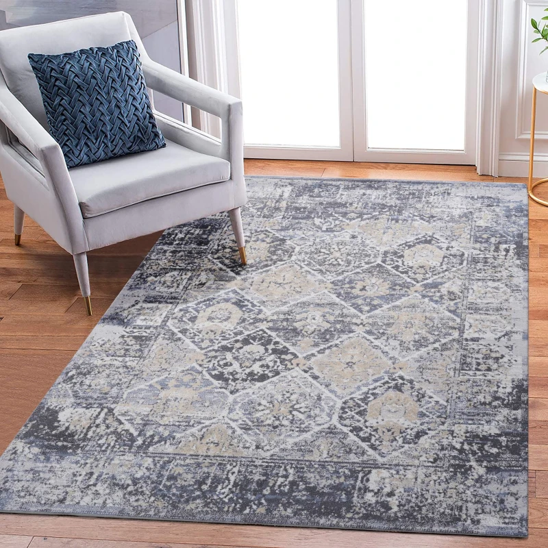Naar 6x9 Stain-Resistant Area Rug with Cotton Backing, Medium Pile Height, Kid and Pet-Friendly Carpet, 93" L x 79" W x 0.3" H, Gray+Blue