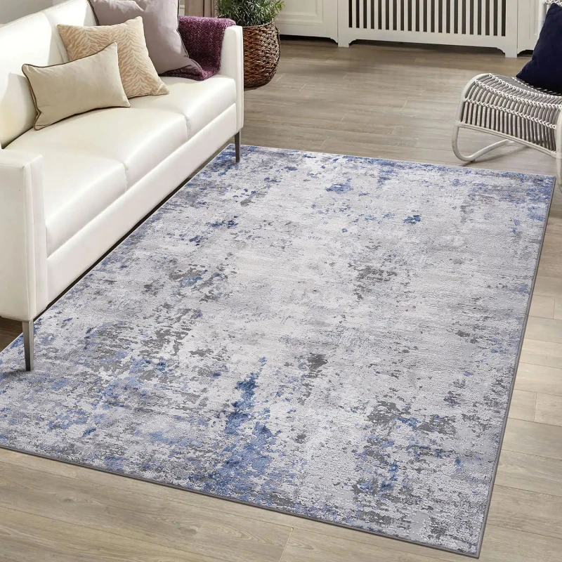 Naar 6x9 Abstract Stain-Resistant Area Rug with Cotton Backing, Carpet for Living Room, Bedroom, Home Office, 93" L x 79" W x 0.35" H, Silver