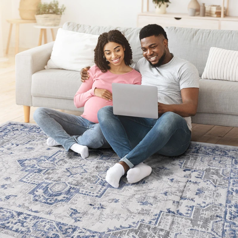 Naar 2x8 Stain-Resistant Area Rug with Cotton Backing, Medium Pile Height, Kid and Pet-Friendly Carpet, 96" L x 26" W x 0.35" H, Blue+Gray