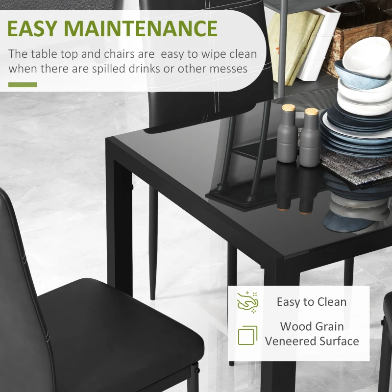 HOMCOM 5-Piece Rectangular Glass Kitchen Table and Chairs with Metal Frame and Faux Leather Upholstery for Dining Room, Black