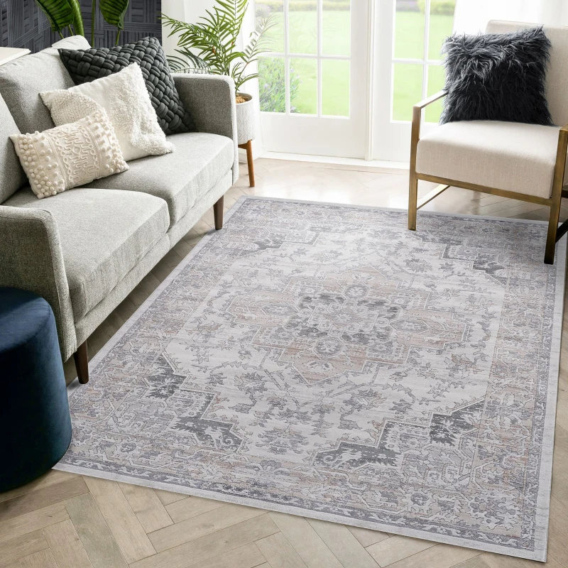 Naar 6x9 Stain-Resistant Area Rug with Cotton Backing, Medium Pile Height, Kid and Pet-Friendly Carpet, 93" L x 79" W x 0.35" H, Ivory