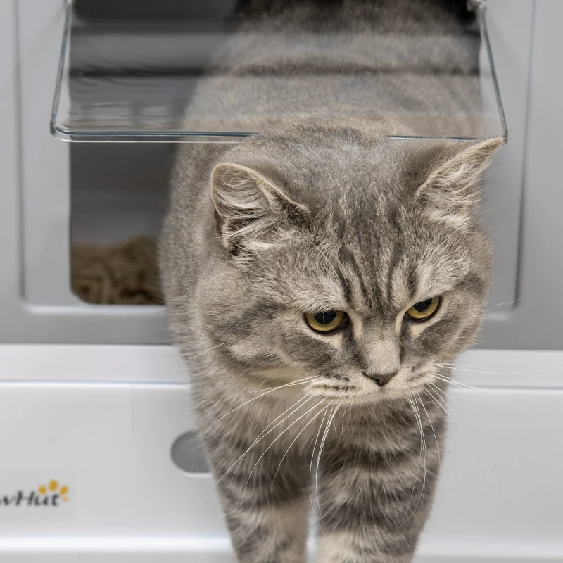 PawHut Fully Enclosed Cat Litter Box with Front Entry and Top Exit, Plastic, Gray & White