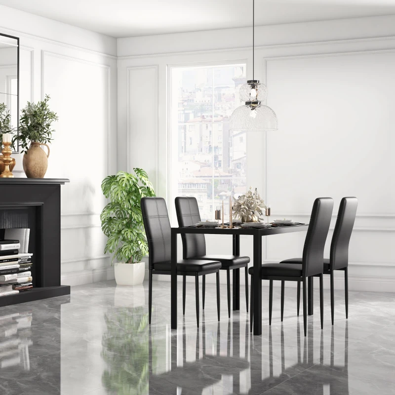HOMCOM 5-Piece Rectangular Glass Kitchen Table and Chairs with Metal Frame and Faux Leather Upholstery for Dining Room, Black