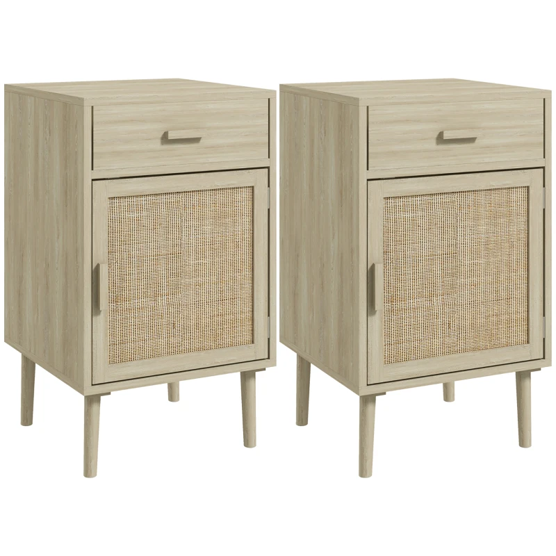 HOMCOM Boho Bedside Tables Set of 2, Nightstands with Drawer, Rattan Cabinet, Adjustable Shelf for Bedroom, Living Room, Oak