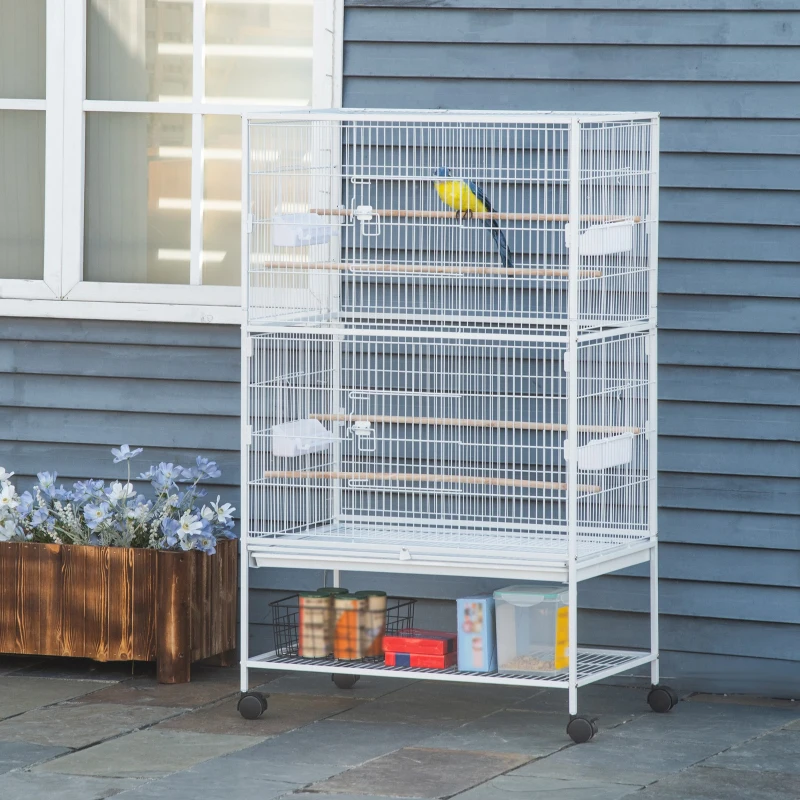PawHut 52" Large Rolling Steel Bird Cage Bird House with Rolling Stand, Storage Shelf, Wood Perch, Food Container, White