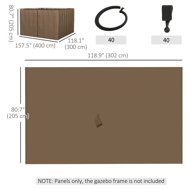 Outsunny 10' x 10' Universal Gazebo Sidewall Set with 4 Panels, Hooks/C-Rings Included for Pergolas & Cabanas, Brown