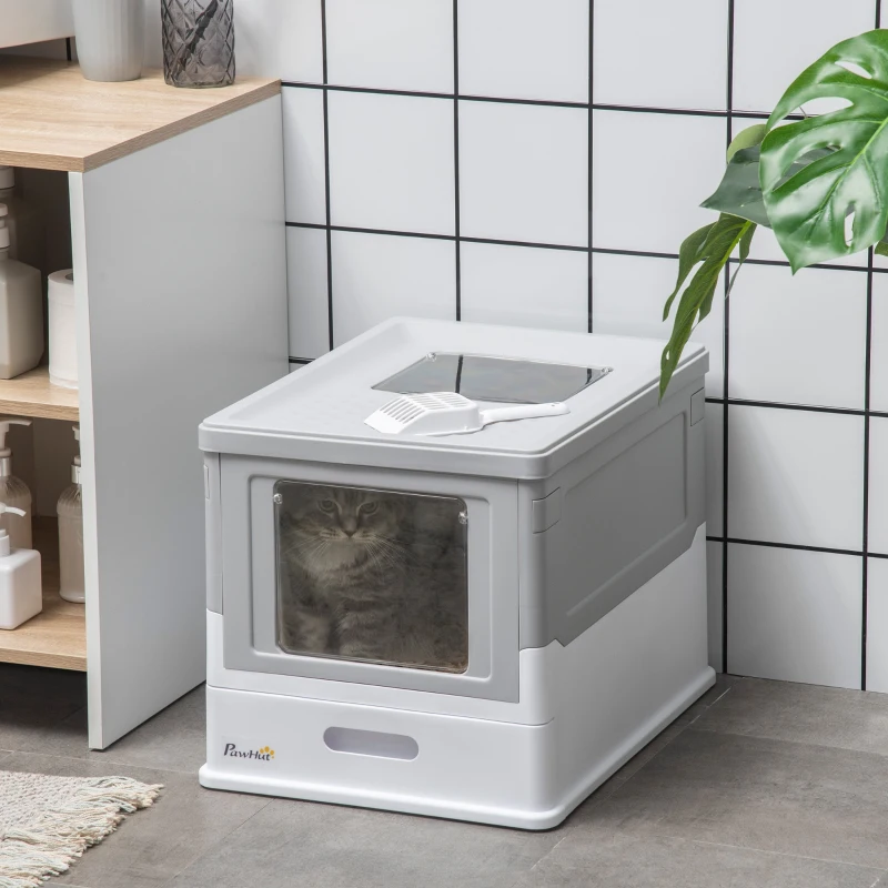 PawHut Fully Enclosed Cat Litter Box with Front Entry and Top Exit, Plastic, Gray & White