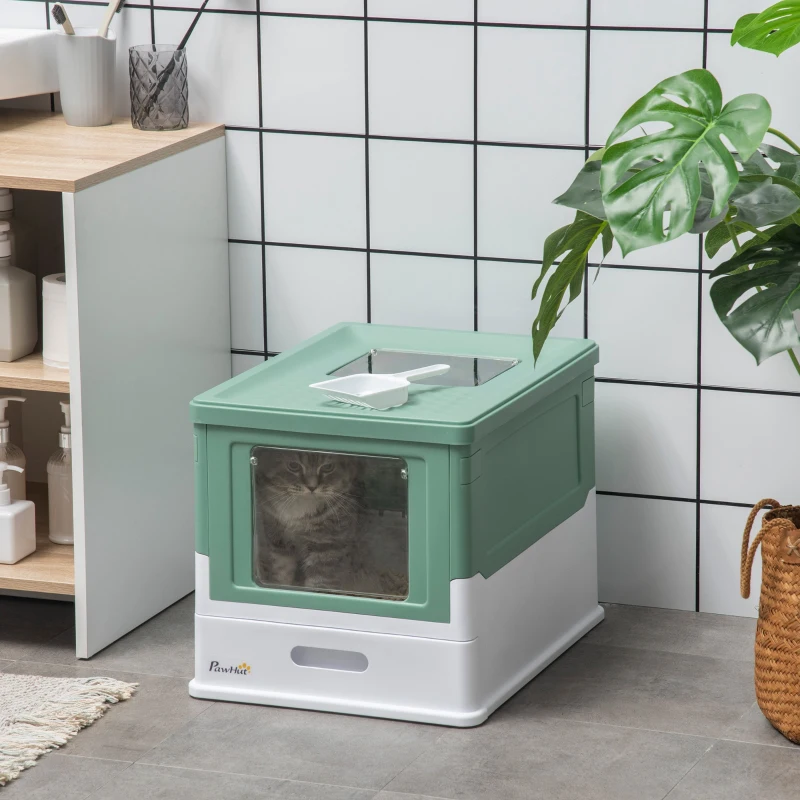 PawHut Fully Enclosed Cat Litter Box with Front Entry and Top Exit, Plastic, Green & White