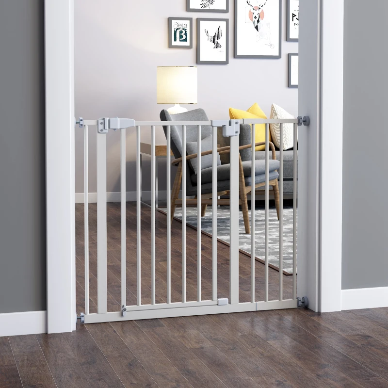 PawHut 30 Inch Tall Pet Gate with Door Dog Gate and Barrier Indoor for Stairs Includes 7", Extensions Kit, Pressure-Mounted Safety Gate, White