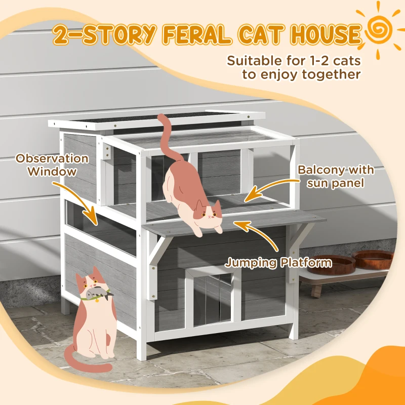 PawHut 2-Story Wooden Cat House Outdoor with Balcony, Openable Top, Escape Door, Removable Panel & Floor, for Backyard, Outside