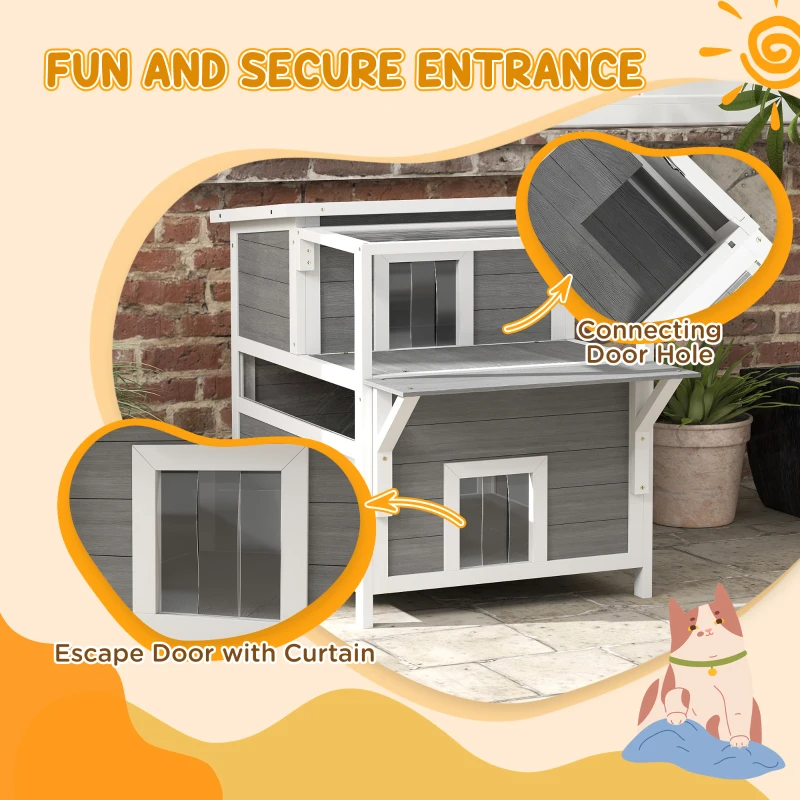 PawHut 2-Story Wooden Cat House Outdoor with Balcony, Openable Top, Escape Door, Removable Panel & Floor, for Backyard, Outside