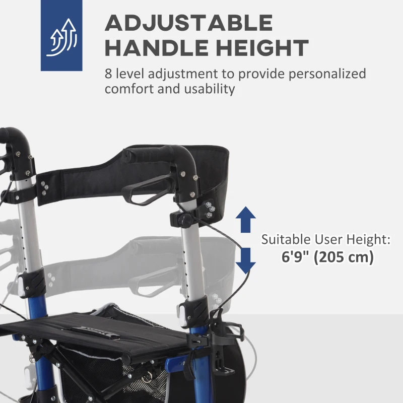 HOMCOM Lightweight Folding Rolling Walker with Large Seat, Back, Adjustable Handle, Bag, Dual Brake, Cane Holder, Blue