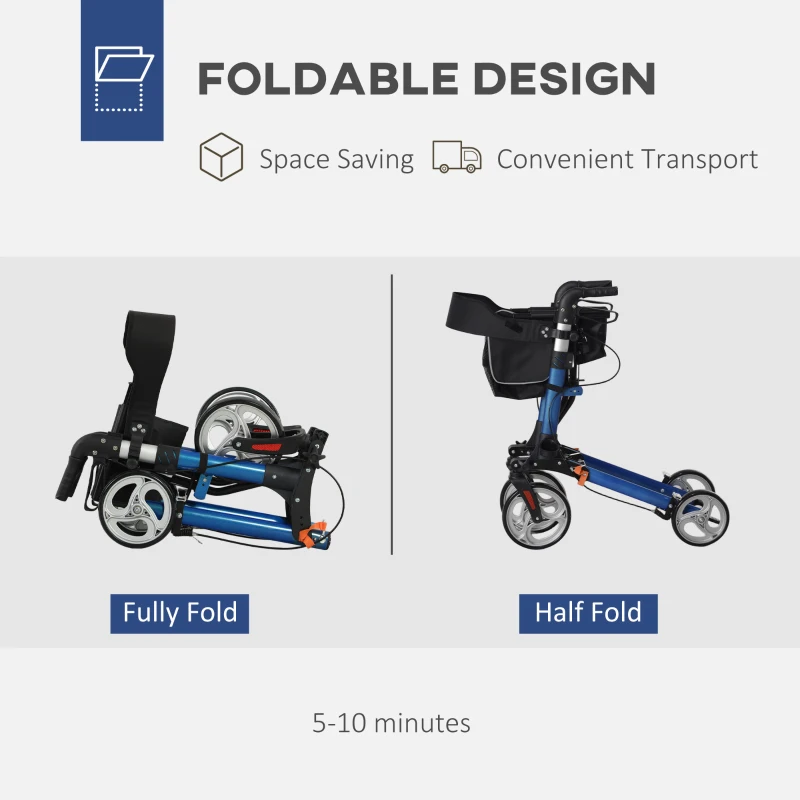 HOMCOM Lightweight Folding Rolling Walker with Large Seat, Back, Adjustable Handle, Bag, Dual Brake, Cane Holder, Blue