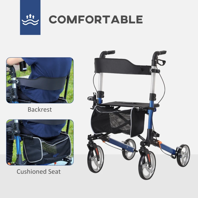HOMCOM Lightweight Folding Rolling Walker with Large Seat, Back, Adjustable Handle, Bag, Dual Brake, Cane Holder, Blue