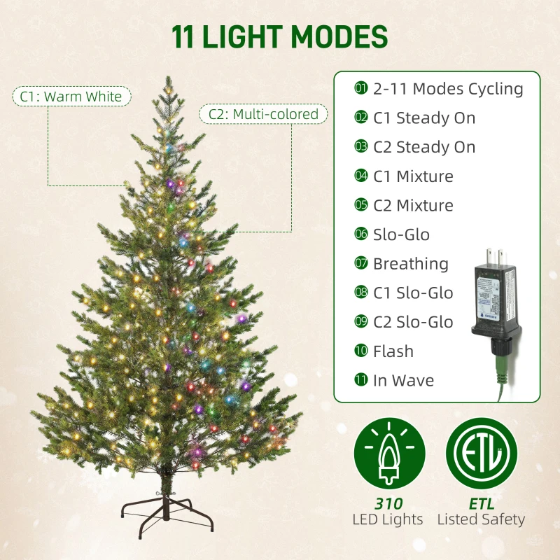 HOMCOM 6.5ft Artificial Prelit Sparse Cedar Christmas Tree with LED Lights and 1933 Tips, Steel Base for Home Office Holiday